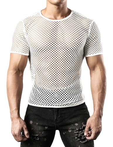 JOGAL Herren Muskel Transparent Kurzarm Shirts Netz Hemd X-Large Weiß