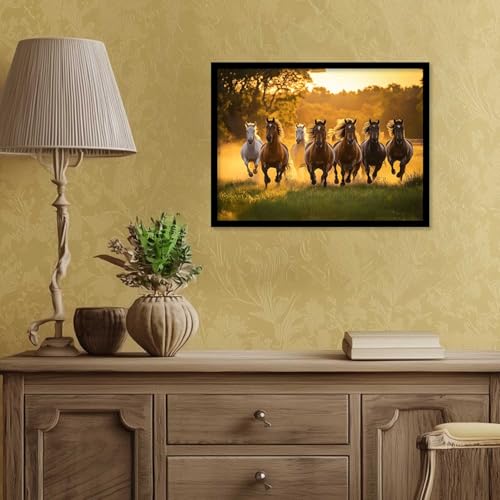 Image of HOTHOUSE Seven Running Vastu Lucky Horse | 7 Horses Vastu Frame Wall Art Painting for Living Room Bedroom Office Home Decor Rising Sun Painting Wall Decor Size (13X17 inch)