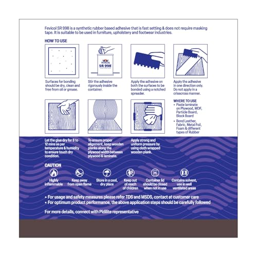 Image of Fevicol SR 998, 1 Litre | Best for Rubber, Fabric & Leather Furniture, Plywood, Lamination, Packaging, Crafts, DIY, Metal & Wood Bonding, Water & Heat Resistant, Fast Setting, Strong Durable Bond