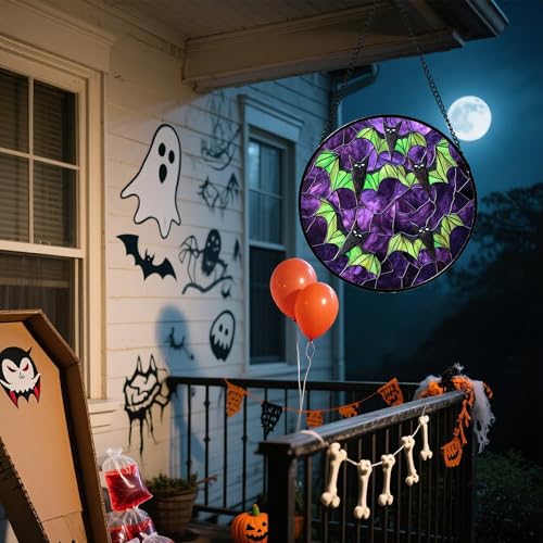 Image of Stained Glass Window Hanging - Halloween Decorations Black Bat with Green Wings Suncatcher for Doors Garden Indoor Spooky Sun Catchers Gothic Decor Horror Gifts for Women Men Friend 9.8 in