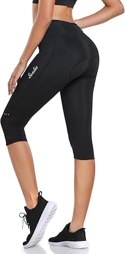 Santic Pantalones de ciclismo para mujer, cintura alta, con acolchado 4D, pantalones cortos de ciclismo 34, bolsillos