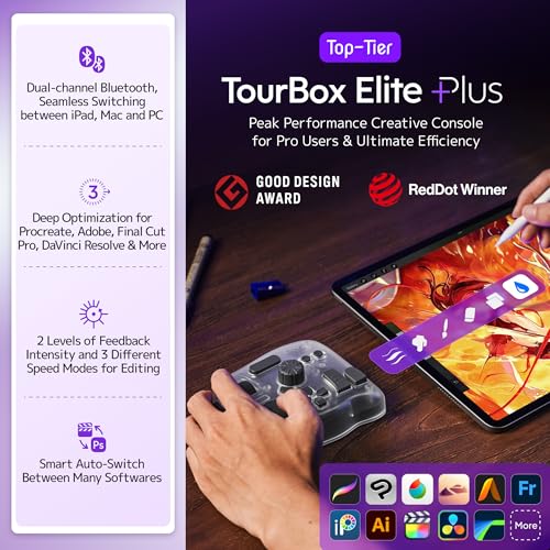 TOUR BOX Elite Plus - iPad Drawing Bluetooth Controller, Video Editing Photo Color Grading Speed Editor, Programmable Creative Console Keyboard for DaVinci Procreate Adobe Softwares and More