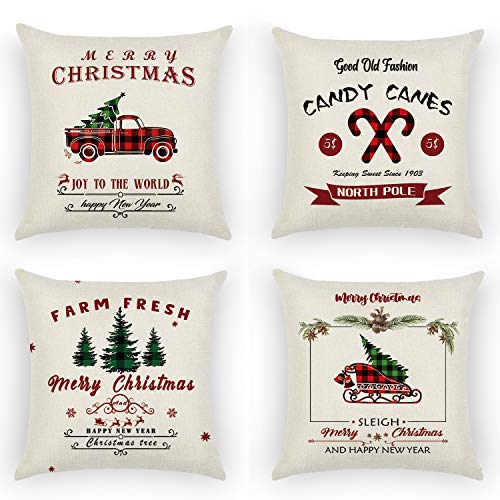 AUSDU Christmas Pillow Covers Set of 4, 18×18 Inch Christmas Throw Pillow Covers, Farmhouse Christmas Cushion Case, Square Pillowcase for Sofa Couch, Christmas Winter Holiday Decorations