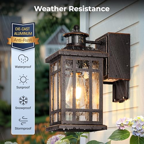 Image of Oil-Rubbed Bronze Outdoor Motion Sensor Light with GFCI Outlet, 2-Pack Porch Lights Outdoor with Gold Trim, Dusk to Dawn lighting Wall Mount with Bubble Glass, Outside Sconces for Garage, Patio