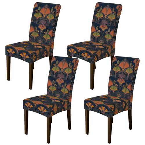 Fundas para sillas de comedor, diseño vintage de hojas, color azul marino, elastano, lavable, elástico, protector de silla, decoración para cocina, sala de estar, fiesta, 6 unidades