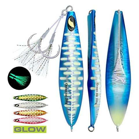 OCEAN CAT Slow Pitch Lead Metal Flat Fall Fishing Jig Lure Bait Spoons with Assisted Hook (Blue&Silver, 150g) Cover