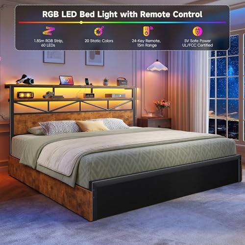 Image of Homkdom King Size Bed Frame with Large 4 Drawers, 2-Tier Shelf, LED Light and Charging Station, Heavy Duty Platform Bed with 880 lbs Capacity, Easy Assembly, Vintage Brown