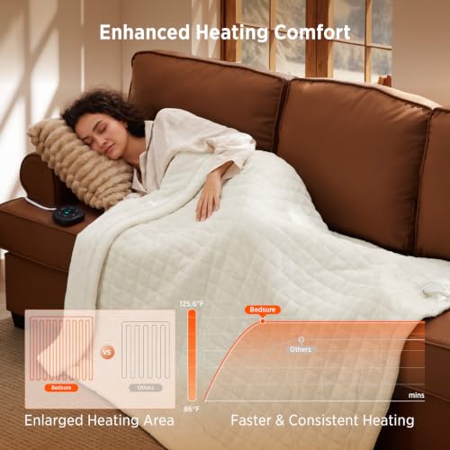Image of Bedsure Luxury Quilted Heated Throw Blanket, Thick Electric Blanket, Ivory