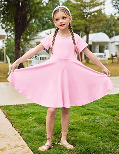Arshiner Little Girls Short Sleeve A Line Casual Skater Dress 130(Age For 8-9Y) Pink #TOP3