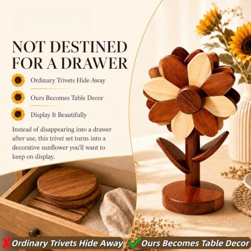 Sunflower Wooden Trivets for Hot Dishes, 5-Piece Housewarming Gift - Image 3
