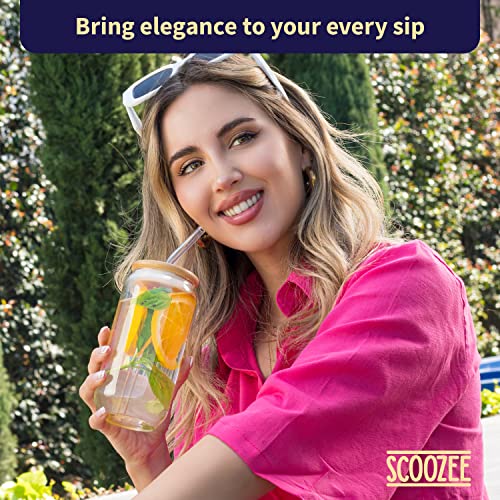 Scoozee Glass Cups With Lids Straws And Coasters (Set Of 4, 16 Oz) - Drinking Glasses With Bamboo Lids And Glass Straws - Tumbler For Iced Coffee, Tea - Aesthetic Home Essentials Housewarming Gift #TOP3