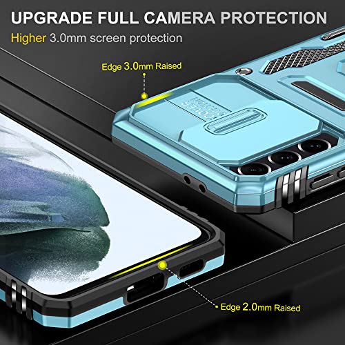 Image of Slide Camera Cover with Ring Holder Mobile Phone Case Cover for Samsung Galaxy S21 FE (Blue)