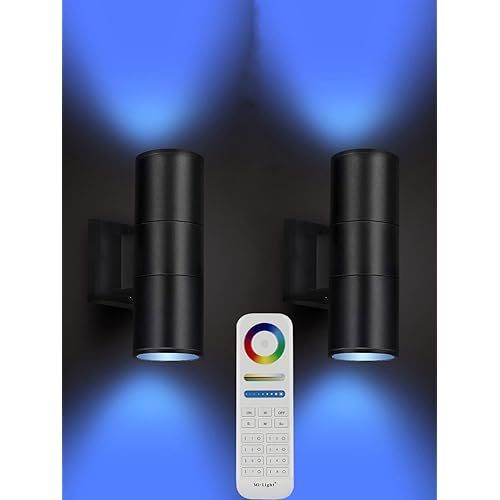 Exterior Double Up Down Outdoor Wall Lights,Mi.Light Remote Control RGB Color Changing 1000lm Warm White 3000k RGBW Cylinder Outdoor Wall Light,Smart LED Exterior Lighting (2 Pack)