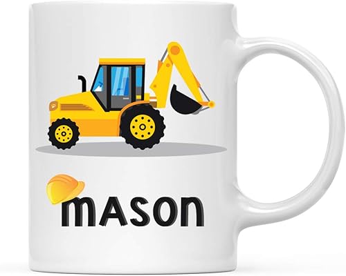 Andaz Press Taza de chocolate caliente personalizada de 11 onzas para niños, cargador de retroexcavadora de camión de construcción amarilla, 1