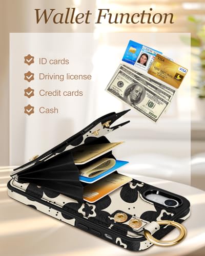 Petitian for iPhone XR Case with Wallet - Women Girls Cute Girly Aesthetic Unique Design Leather Credit Card Holder Cardholder Stand Wristband for iPhone XR, Black Flower - image 3