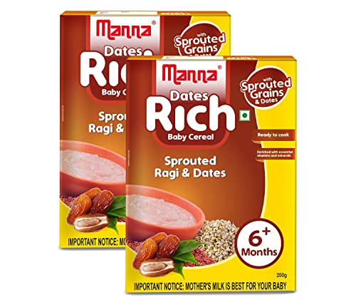 Image of Manna Baby Cereal,Baby Food (6+Months) Sprouted Ragi with Dates Powder, Zero Added Sugar, No Artificial Colours, No Artificial Flavours, 400g (200g, Pack of 2)