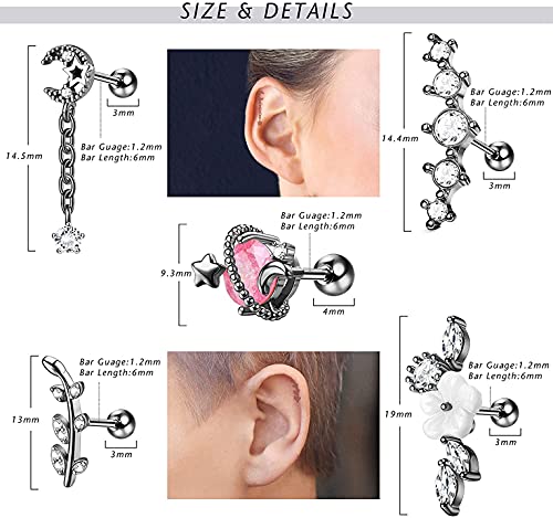 CASSIECA 9 Pièces 16G en Acier Inoxydable CZ Boucles d'oreilles Cartilage pour Femmes Tragus Helix Cartilage Stud Ear Piercing Jewelry