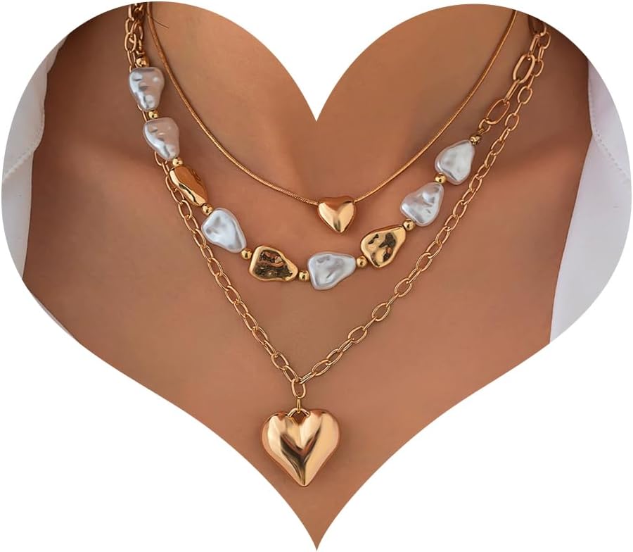 Dainty Heart Pendant Necklace for Women,Multilayer Chunky Puffy Heart Pearl Chain Necklace Set Statement Trendy Stackable Y2k Jewelry Accessories