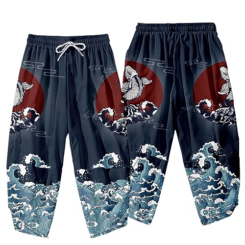 Image of DOSLAVIDA Men's Japanese Kimono Jacket Set Stylish Open Front Coat With Shorts Chinese Style Printed Cardigan Suit