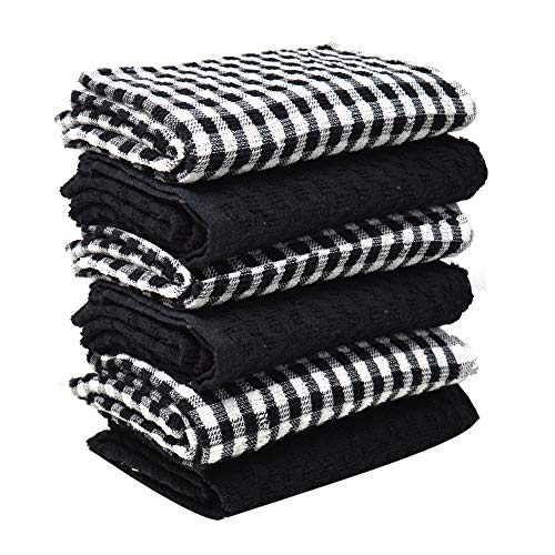 Xelay - Canovacci asciugapiatti per la cucina in cotone, morbidi, colore: nero/bianco, confezione da 3, 4, 5, 6, 10, 15 – 40 cm x 65 cm, Black/White Pack of 6, taglia unica