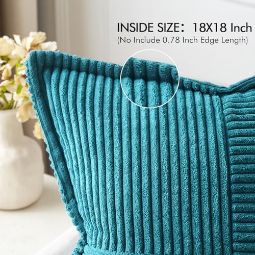 Image of MIULEE Decorative Throw Pillow Covers for Couch Bed Livingroom 18x18 Inch Set of 2 Teal Blue Boho Accent Throw Pllows Broadside Striped Patchwork Soft Corduroy Summer Coastal Pillowcases