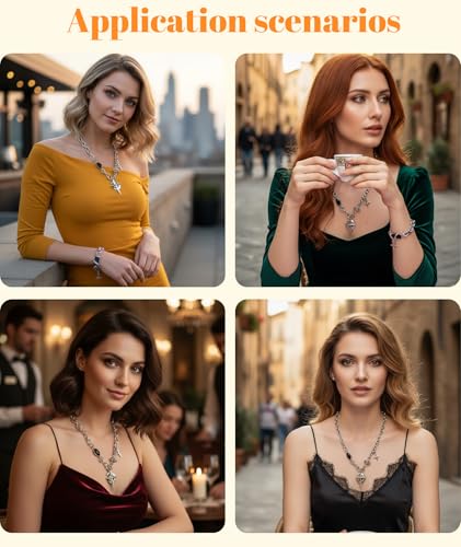 Image of 2 Pcs Gothic Jewellery Set, Edgy Moon Crescent and Star Necklace with Matching Chain Bracelet, Unisex Alternative Fashion Accessory for Men and Women, Perfect for Concerts, Festivals and Gift Giving