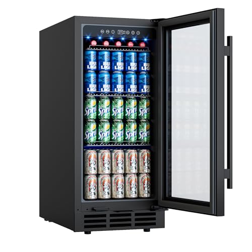 Image of 15 Inch Under Counter Beverage Refrigerator, 130 Cans Large Capacity Beverage Fridge, Buit-In or Freestanding Drink Cooler with Glass Door & Adjustable Shelves, for Home, Office, Bar (Black)