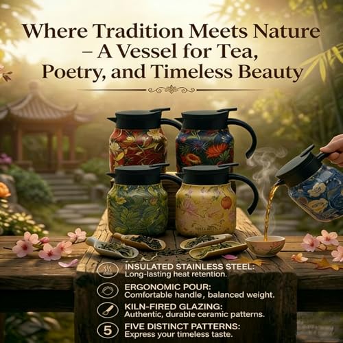 Raidley Vintage Floral Design Tea Thermos, Doresty Tea Pot with Built-In Infuser, Stainless Steel Thermal Carafe for Hot Beverages (Blue, Plastic Handle) - Image 2