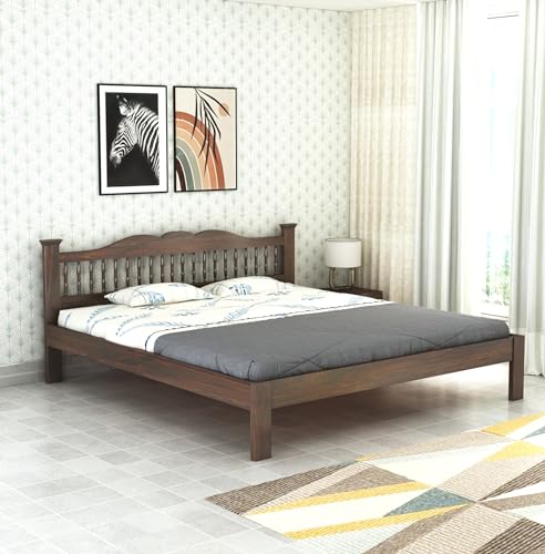 Image of Wooden Arch King Size Bed Without Storage | Wooden Double Bed Cot Bed for Bedroom Furniture | Palang Double Bed for Hotels | Solid Sheesham Wood, Walnut Finish