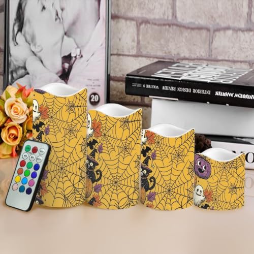 Image of Spider Web Flameless Battery Operated Lamp with Remote | LED Flickering Battery Operated Color Changing Electric Pillar Candles for Living Room Halloween Home Decor, 4 Pack