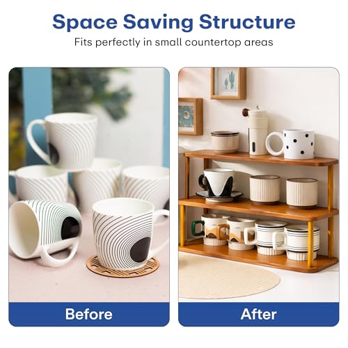 Image of Rioware Bamboo Organizer Rack - Multi-Layer Desktop Storage Shelf for Cups, Mugs & Tea Sets | Wooden Countertop Sideboard Display Stand for Kitchen, Dining & Home Deco (3-Tier - Racknest)