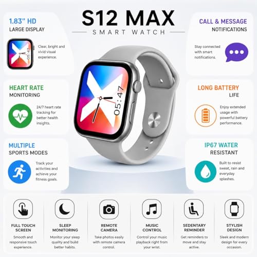 Image of PremiumAV S12 Max Smart Watch with 1.83 Inch HD Display, Heart Rate Monitor, Sports Modes, Call & Message Notifications, IP67 Water Resistant Fitness Watch for Android & iOS