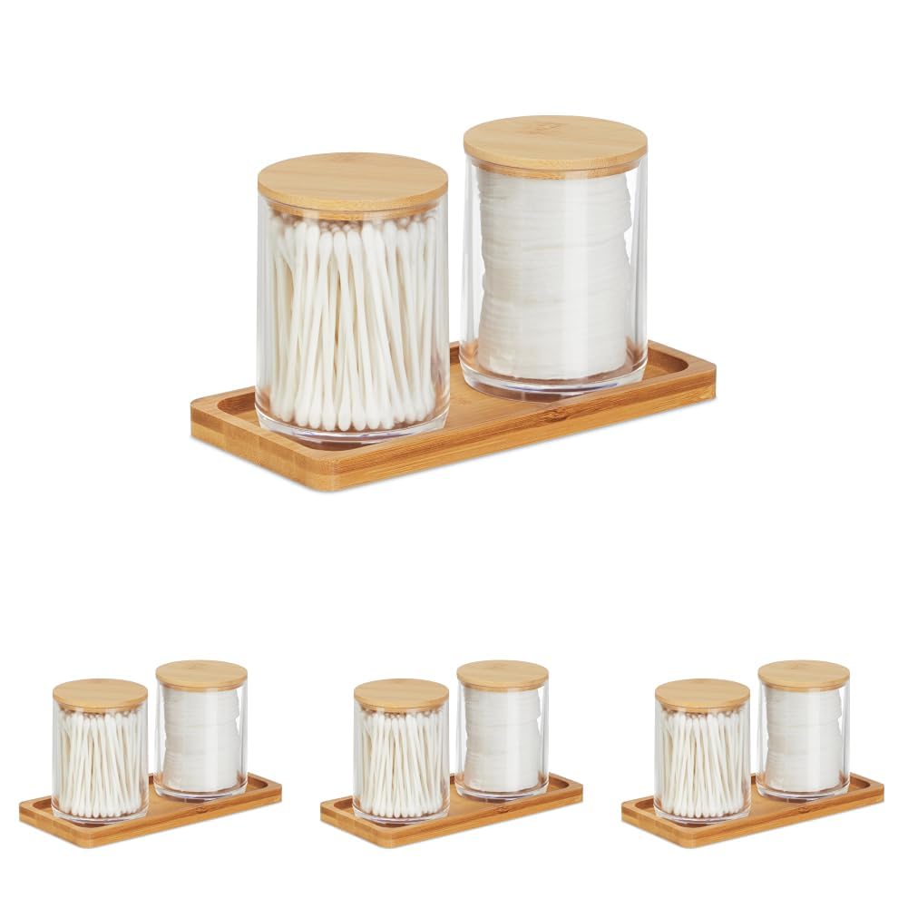 Relaxdays Wattestäbchenbehälter mit Tablett, 2 Becher m. Deckel, Kosmetik Organizer Kunststoff/Bambus, transparent/natur, Durchsichtig, Clear, Natural (Packung mit 4)