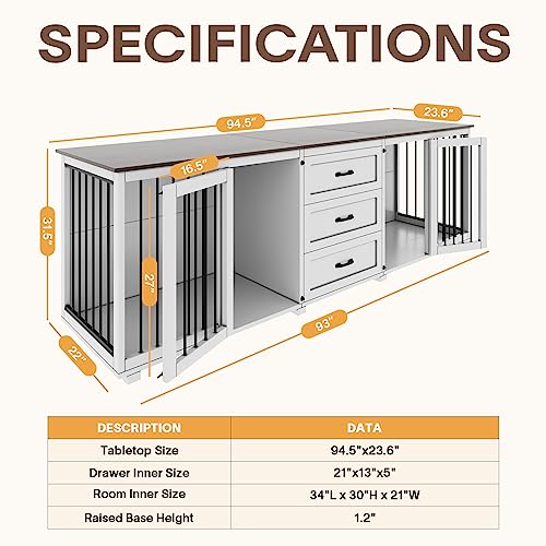 Dog Crate Furniture - Wooden Dog Kennel With 3 Drawer, Double Doors With Locks,95”X23”X32”H, White #TOP4