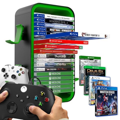 Niciksty Torre de Almacenamiento de Juegos para PS5/ Xbox Series S & X/Switch, Organizadores Universales de Discos de Videojuegos, Almacena 18 Juegos, con 4 Soportes de Controlador (Grün)