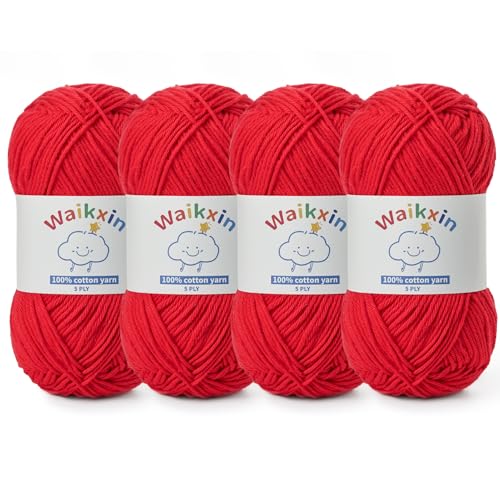 Image of Cotton Yarn for Crocheting - 524.9yds / 7.05oz Baby Yarn for Crocheting Soft - 100% Milk Cotton Yarn 5 Ply Crochet Amigurumi Yarn for Crafts&Puzzle /Socks /Hats(4 Red)