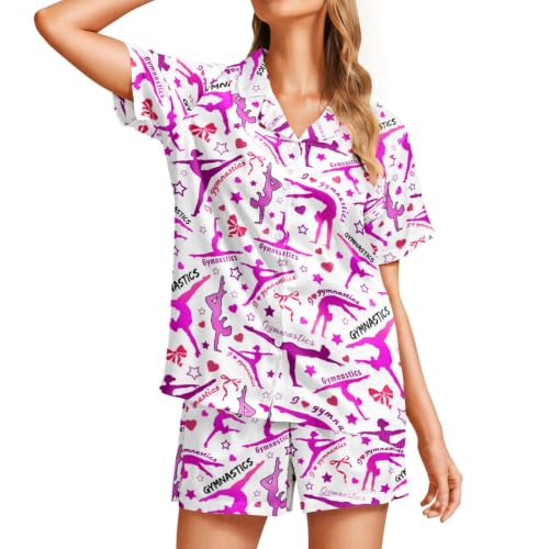 Image of Funny Satin Pajamas Set for Women Button Down Sleepwear Print Pjs Set 2 Piece Short Sleeve Loungewear Gift for Women