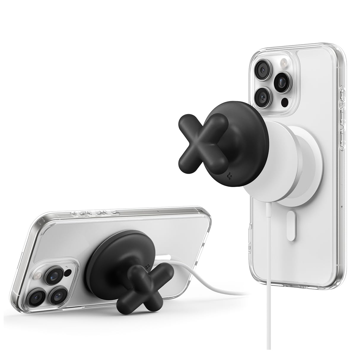 Spigen Soporte Movil Anillo Magnético, Compatible con Cargador Apple MagSafe【Carga mientras lo usas】Agarre de Silicona Antideslizante para iPhone 17 17e 16 15 14 Pro Max Air, Samsung S26 Ultra - Negro