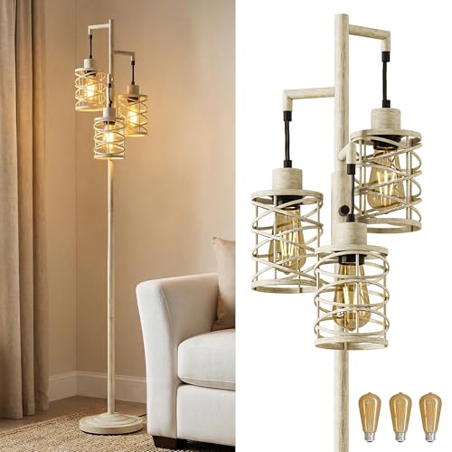 Image of Oneach 70 inch Industrial Floor Lamp, Stepless Dimmable Standing Lamp with 3 Bulbs, Farmhouse Corner Standing Tree Lamp for Living Room, Tall Lamps for Bedroom, Office, Dining Room, Antique Beige White