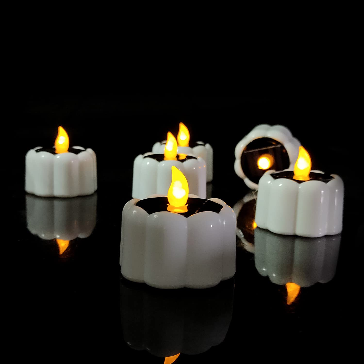 AMERTEER 6 Pack Pumpkin Candles Halloween Decorations Solar Powered Tea Lights Waterproof Outdoor Flameless LED Candles Flicker Pumpkin Decorations for Jack-o’-Lanterns Garden Party Holidays (White)