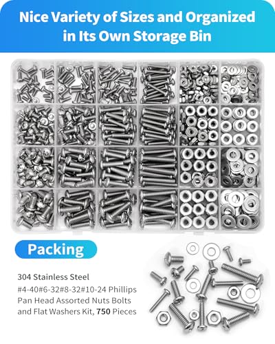 DIVANC 750Pcs Nuts and Bolts Assortment Kit, 10-24#8-32#6-32#4-40 Phillips Pan Head Assortment Stainless Steel Bolts Nuts Flat Washers Nuts Bolts, Hardware Assortment Kit (Phillips Pan Head) - Image 5
