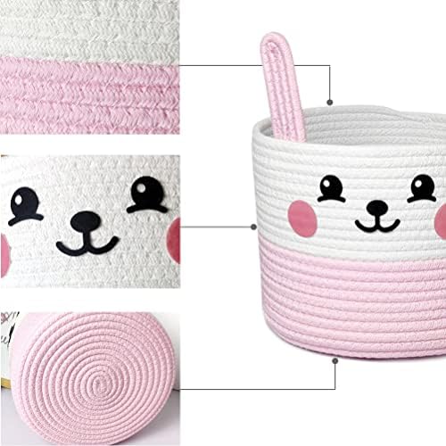 Inwagui Rope Storage Basket Woven Two Tone Nursery Hamper Rabbit Basket Cotton Baby Toys Storage Organizer Kids Room Home Decor (Pink & White)