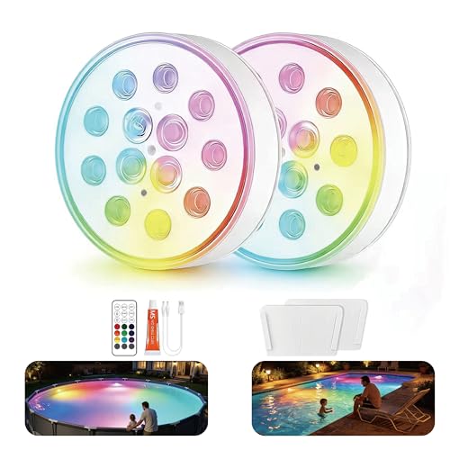Upgraded Magnetic Pool Lights for Above ground and inground pool Rechargeable Underwater RGB 16 Colors Submersible LED Lights with Remote & Timer Off for Hot Tubs Fountains Party Vase - 2 Pack
