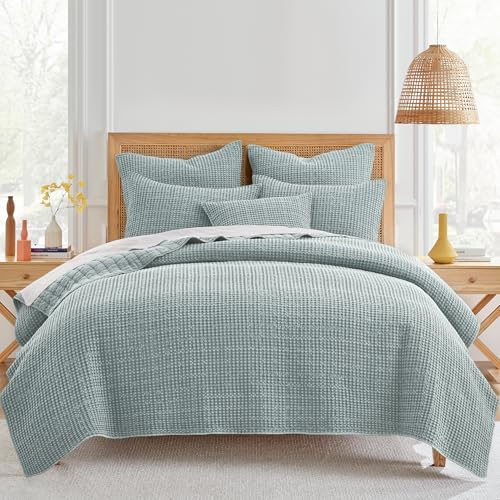 Image of Levtex Home Mills Waffle King /Cal King Quilt Set (106x92in) with 2 Pillow Shams (36x20in) - Spa - Cotton Waffle King Size Quilt Bedding Set - Lightweight, Soft, Pre-Washed