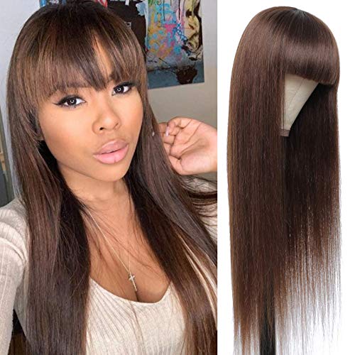 Straight Human Hair Wigs with Bangs Medium Brown Brazilian Long Brown Wig None-Lace Wigs for Black Women (16 Inch)