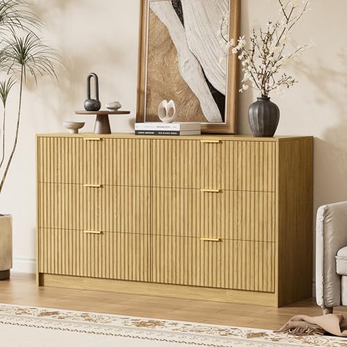 Image of Furniway 3 Piece Bedroom Set, 6 Drawer Dresser and 3-Drawer Nightstand Set of 2 with Gold Handles, Mid-Century Modern Wood Chest of Drawers Storage Cabinet for Bedroom, Natural Oak