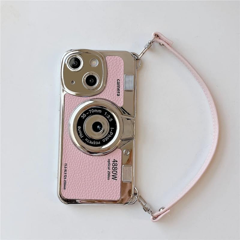 Image of LuxuryKase Retro Vintage Camera Style Case for iPhone 15 | 3D Lens Design | Hand Strap | PU Leather Finish | Soft TPU Edge | Stylish Fashion Cover - Pink
