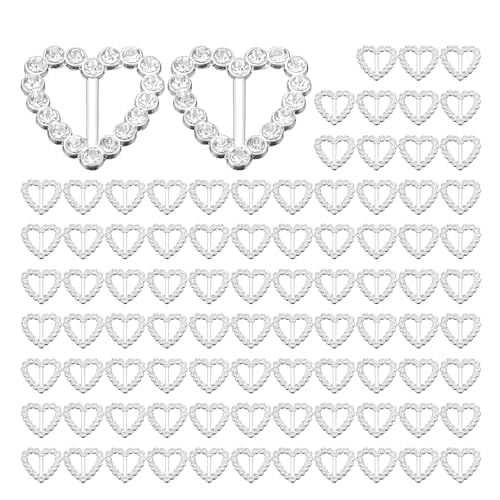 Sekonow 90 Pack Small Rhinestone Slide Buckles, 0.7in Crystal Diamond Metal Belt Ribbon Sliders for Wedding Invitation, Party Clothing Decoration, Gift Wrap, Crafts, Heart