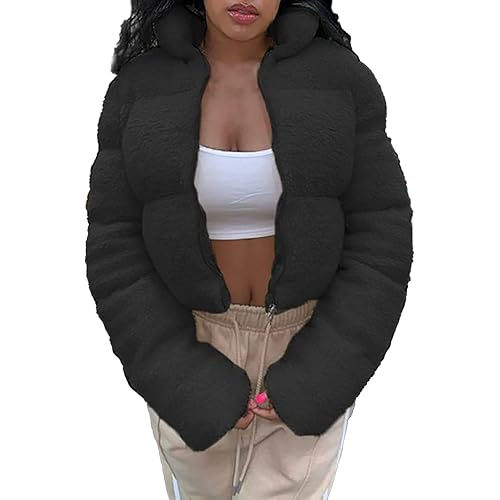 iQKA Women Short Faux Fur Coat Cropped Fluffy Jacket Hooded Winter Warm Fuzzy Splicing Jackets Long Sleeve Outerwear