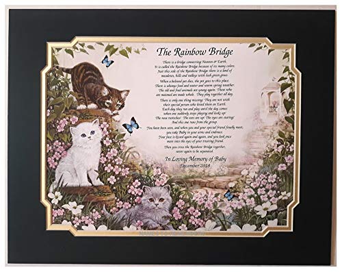NAMES TO REMEMBER Rainbow Bridge Pet Bereavement/Memorial Poem Gift For Loss of Your Beloved Cat w/Forest Green & Frosted Gold Dual Mat by Names To Remember